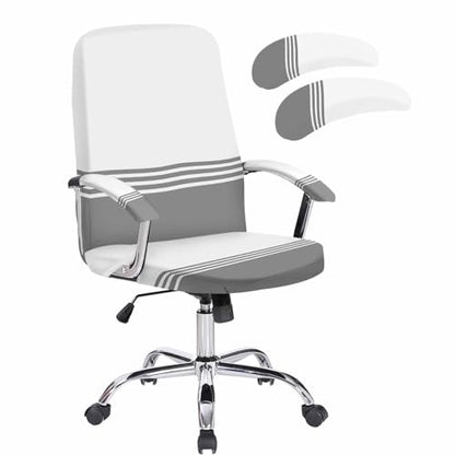 Modern Art Office Chair Cover with Armrest Covers, Grey White Simple Striped Farmhouse Universal Stretch Desk Rotating Chair Slipcovers, Removable Seat Protector with Zipper, M - color: Grey, size: Medium & 2PCS Armrest Covers