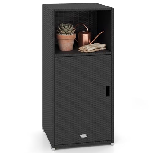 Tangkula Rattan Outdoor Storage Cabinet, Patiojoy PE Wicker Outdoor Cabinet with 3 Storage Shelves, Open Compartment and Door, Patio Storage Deck Box for Porch, Poolside, Backyard - color: Black, size: 20" x 20" x 43"