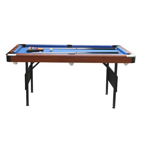 5.3 FT Pool Table Portable Foldable Billiards Table for Kids & Adults with with Balls, Cues, Chalk, Rack & Brush, Compact Space-Saving Game Table for Family Game Room & Office - color: Brown+Blue