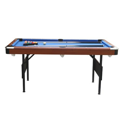 5.3 FT Pool Table Portable Foldable Billiards Table for Kids & Adults with with Balls, Cues, Chalk, Rack & Brush, Compact Space-Saving Game Table for Family Game Room & Office - color: Brown+Blue