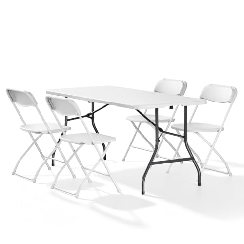 5FT Folding Table with 4 Pack Folding Chair, Foldable Picnic Table with Adjustable Height and Plastic Foldable Chairs for Weddings, Camping, RV Travel, Parties, BBQs, and Indoor Use, White - color: White, size: 5ft + 4 Pack