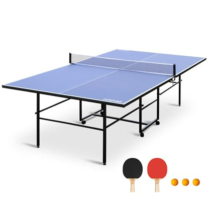 4/6/8/9 ft Professional Table Tennis Table Ping-Pong Tables Set Foldable & Portable Tables with Removable Net 2 Table Tennis Paddles and 3 Balls Easy Assembly - color: Blue, size: 9 Ft