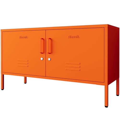 2 Door Metal TV Stand Media Console for Large TV, 2-Tier Multi-Purpose Lockable Wide Storage Cabinet, Industrial Accent Cabinet for Home, Office, Entryway, Hallway - color: Sunlight