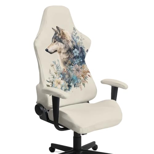 Wolf Flower Print Gaming Chair Covers Slipcovers with Armrest Covers Dust-Proof Decorative Office Desk Chair Cover Universal Fit Office Desk & Racing Computer Gamer Chairs - color: Beige - Wolf Flower
