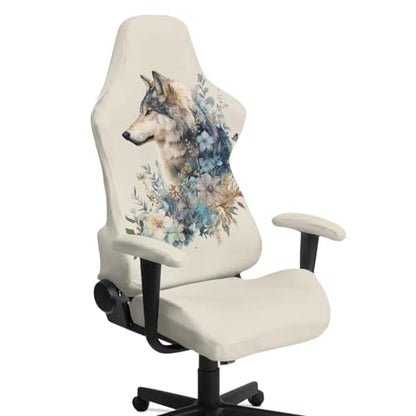 Wolf Flower Print Gaming Chair Covers Slipcovers with Armrest Covers Dust-Proof Decorative Office Desk Chair Cover Universal Fit Office Desk & Racing Computer Gamer Chairs - color: Beige - Wolf Flower