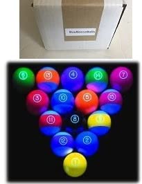 BuyBocceBalls Listing - Premium Quality, EPCO Glo Regulation Billiard or Pool Set, with 5.75oz, 2.25" diam Balls (Balls Require Black Light to Glow). Made in USA.