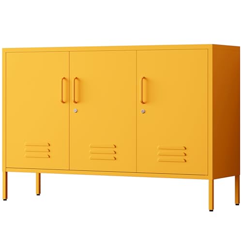 32" Wide 3-Door Lockable Metal Storage Cabinet with Accent Cabinet Locker, Heavy Duty Home Tool Cabinet, 2 Removable Shelves & Easy Assembly, for Home, Office, Entryway and Hallway Yellow - color: Mustard, style: Cabinet-32"H-WL