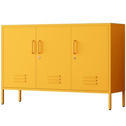 32" Wide 3-Door Lockable Metal Storage Cabinet with Accent Cabinet Locker, Heavy Duty Home Tool Cabinet, 2 Removable Shelves & Easy Assembly, for Home, Office, Entryway and Hallway Yellow - color: Mustard, style: Cabinet-32"H-WL