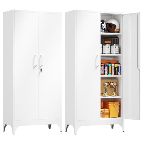 Yizosh Metal Garage Storage Cabinet with 2 Doors and 4 Adjustable Shelves - 71" Steel Lockable File Cabinet,Locking Tool Cabinets for Home,Office,Garage,Gym,School - color: White, size: 71"H x 32"W x 16"D-C