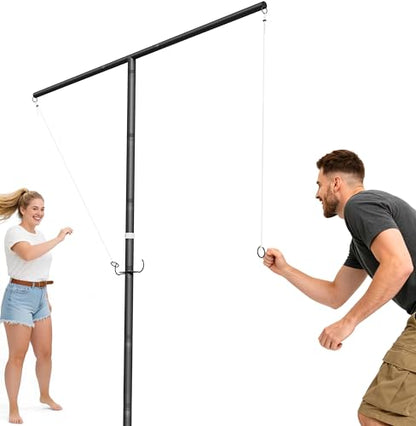 7.5FT Outdoor Giant Ring Toss Game for Adults and Family, Height Adjustable Hook and Ring Game with 3 Sizes Ring & 33FT DIY Rope for Party, Metal Large Ring Toss Game for Home, Yard, Black