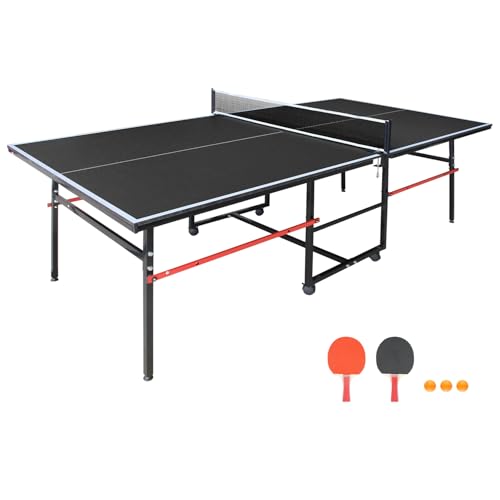 8×4FT Folding Rolling Table Tennis Table Indoor/Outdoor Table Tennis Table, 2 Rackets, 3 Balls, 1 Net and 4 Wheels Set Behind It for Easy Movement-Black