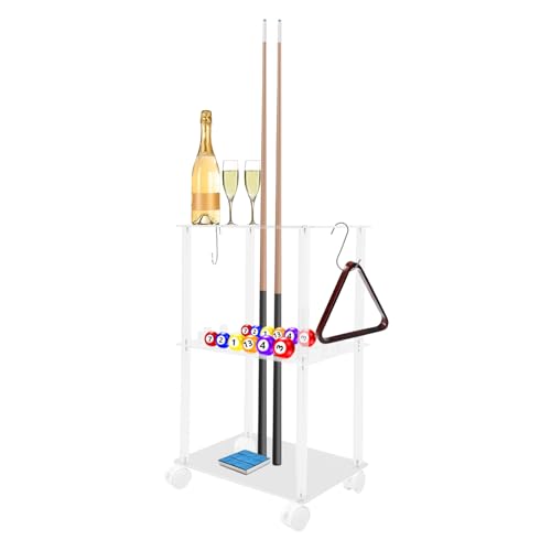 Acrylic Pool Stick Holder with Casters, can Hold 10 Cues & 16 Balls, Free Standing Billiard Cue Rack, Billiard Game Room Storage Cart for Game Room, Bars and Clubs