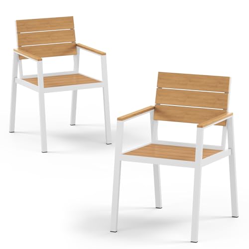Outdoor Dining Chiars Set of 2, Aluminum Patio HDPS Outdooor Dining Chiars, All Weather Patio Furniture Set (White & Teak) - color: White & Teak, size: 2 Piece (chairs)