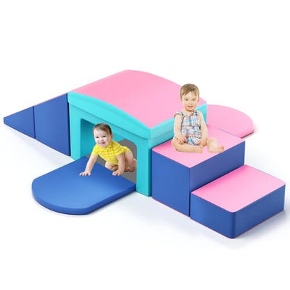 Crawl and Climb Foam Play Set, 6 Pcs Climbing Toys for Toddlers 1-3, Climb and Crawl Activity Playset, Soft Play Equipment Crawling and Sliding (Blue&Pink) 6 peices - color: Pink&blue