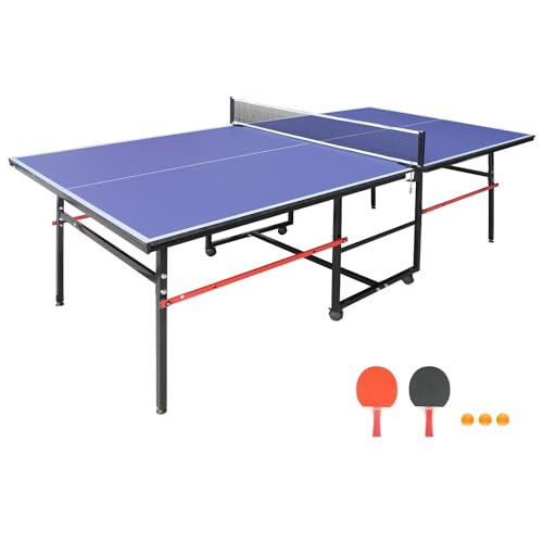 4/6/8/9 ft Professional Table Tennis Table Ping-Pong Tables Set Foldable & Portable Tables with Removable Net 2 Table Tennis Paddles and 3 Balls Easy Assembly - color: Blue, size: 8 Ft