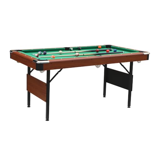 5.3 FT Pool Table Portable Foldable Billiards Table for Kids & Adults with with Balls, Cues, Chalk, Rack & Brush, Compact Space-Saving Game Table for Family Game Room & Office - color: Brown+Green