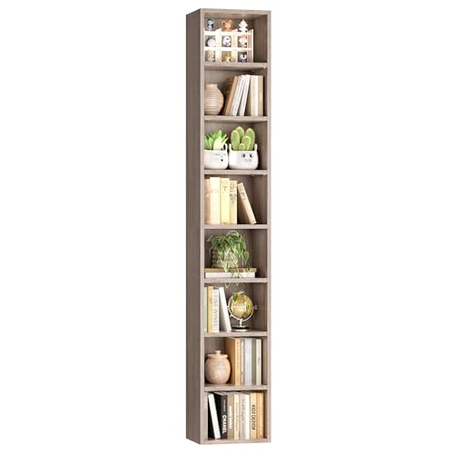 FOTOSOK 8-Tier Media Tower Rack, 11.6 X 9.3 X 70.9 Inches CD DVD Slim Storage Cabinet with Adjustable Shelves, Tall Narrow Bookcase Display Bookshelf for Home Office, Oak - color: Oak