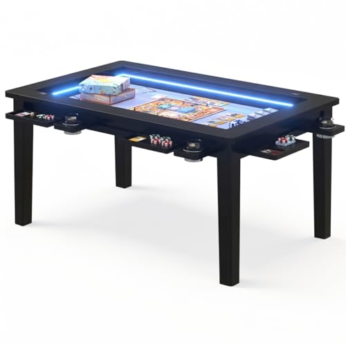 Haddockway Solid Wood Board Game Table with Colorful Led Lights, Dining/Gaming Table for 4-6 Players with Charge Station,Removable Top, Play Mat, 6 Cup Holders & Trays (Black) - color: Solid Wood Black With Led Light