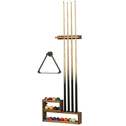 MyGift Pool Cue Rack Set, Rustic Burnt Solid Wood Billiards Cue Stand Wall Mount Holder, Ball Storage with Industrial Pipe Triangle Rack Hanging Hook