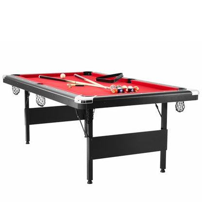 Happybuy 7ft Billiards Table, Portable Foldable Pool Table, Complete Set with Balls, Cues, Chalks & Brush, Black with Red Cloth, Ideal for Family Game Room, Kids, Adults