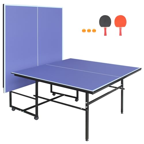 IUNNDS Portable Table Tennis Table 6/8/8.5/9FT Foldable Ping Pong Game Set for Indoor with Net and Post Set, 2 Paddles and 3 Balls - color: Blue-9x4.1FT