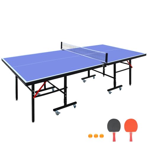 8ft Mid-Size Table Tennis Table Foldable & Portable Ping Pong Table Set for Indoor Games with Net, 2 Table Tennis Paddles and 3 Balls - style: 8ft Mid-Size