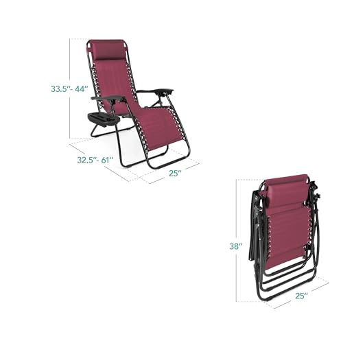 Best Choice Products Set of 2 Adjustable Steel Mesh Zero Gravity Lounge Chair Recliners w/Pillows and Cup Holder Trays - Burgundy - color: Burgundy, size: Standard