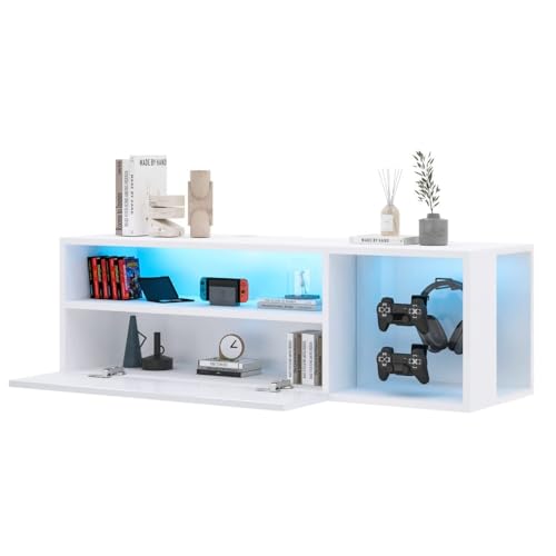 55" White TV Gaming Console with LED Lights - 4 Controller Hooks & 2 Headphone Hooks, Hidden Storage Cabinet, 30KG Top Load Capacity (White + Particle Board,Small) - size: Small