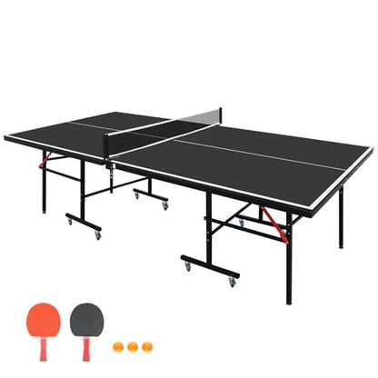 Ping Pong Table Foldable Indoor 8/8.5/9FT Single Player Playback Mode Game Set with Paddles and Balls - color: Black-8x4FT-Wheels