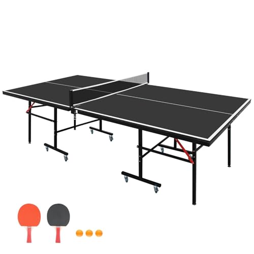 Ping Pong Table Foldable Indoor 8/8.5/9FT Single Player Playback Mode Game Set with Paddles and Balls - color: Black-8x4FT-Wheels