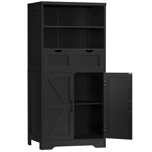 TEENFON Storage Cabinet with Doors & 2 Drawers, Kitchen Cabinet with Adjustable Shelf, Pantry Cabinets, Bathroom Cabinets, for Living Room, Entryway, Home Office, Black - color: Black