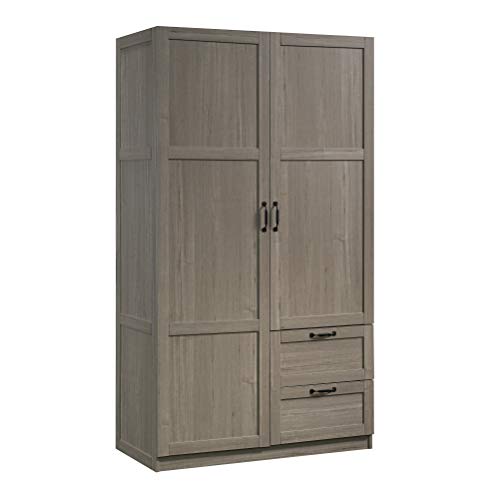 Sauder Select Multipurpose Bedroom Armoire Wardrobe Closet Pantry Storage Cabinet with Storage Drawers and Hanging Rail, in Silver Sycamore - color: Silver Sycamore
