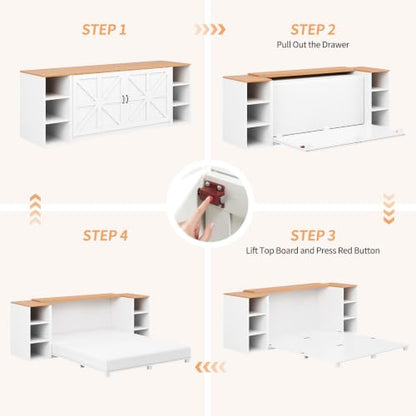 Queen Murphy Bed Cabinet, Farmhouse Murphy Bed with Wooden Foldable Platform, 6 Open Cubby Storage Shelves, Saving Space Wall Bed for Guest Room, Home Office & Apartment, White - size: Queen (U.S. Standard)