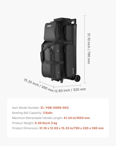 VEVOR Bowling Ball Bag, 3 Ball Double Roller Bowling Bag with Wheels, Featuring a Separate Compartment for Shoes (Up To US Size 16) & Oversized Accessory Pocket, Retractable Handle Extends to 41.34 in - style: Black