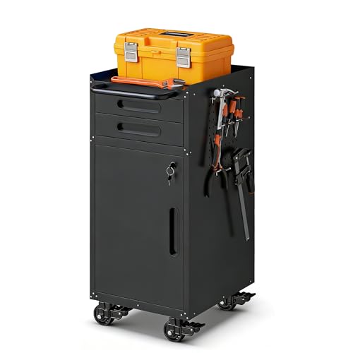 Small Garage Storage Cabinet with Wheels, Metal Rolling Tool Cabinet with 2 Drawers and 1 Door, Heavy Duty Tool Cabinet with Workbench, Assembly Required, Black - color: Black, style: Small-2 Drawers & 1 Door