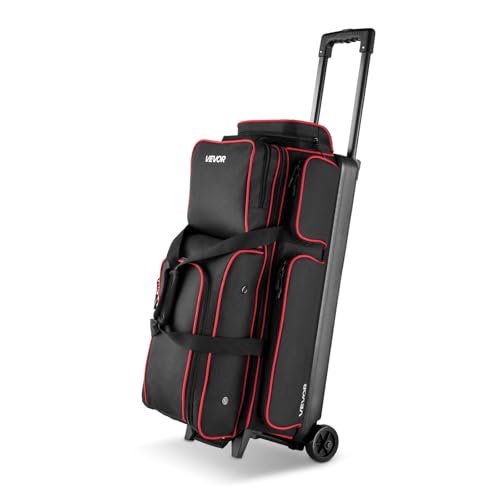 VEVOR Bowling Ball Bag, 3 Ball Double Roller Bowling Bag with Wheels, Featuring a Separate Compartment for Shoes (Up To US Size 16) & Oversized Accessory Pocket, Retractable Handle Extends to 41.34 in - style: Black-red