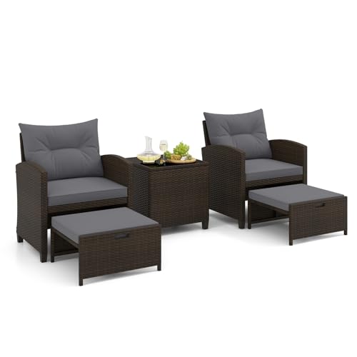 Tangkula 5 Pieces Patio Conversation Set, PE Wicker Rattan Outdoor Furniture Set with 2 Chairs, 2 Ottomans & Tempered Glass Coffee Table, Ideal for Poolside, Backyard, Lawn, Deck, Mix Brown & Grey - color: Mix Brown & Grey