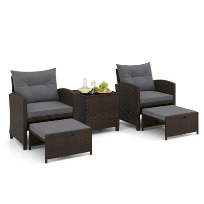 Tangkula 5 Pieces Patio Conversation Set, PE Wicker Rattan Outdoor Furniture Set with 2 Chairs, 2 Ottomans & Tempered Glass Coffee Table, Ideal for Poolside, Backyard, Lawn, Deck, Mix Brown & Grey - color: Mix Brown & Grey