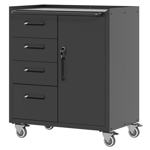 Metal Storage Cabinet with Wheels, Garage Storage Cabinet with 1 Door and 4 Drawer, Rolling Tool Cabinet, Assembly Required, Black - color: Black, style: 4 Drawers & 1 Door