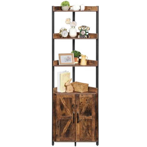 HOOBRO Corner Shelf with Storage, Tall Corner Cabinet, 5-Tier Bookshelf Stand, Storage Cabinet with Protective Fence, for Living Room, Rustic Brown and Black BF78CJ01 - color: Rustic Brown + Black