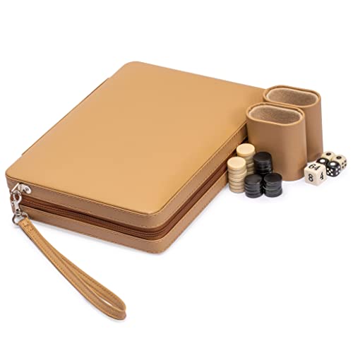 Yellow Mountain Imports Travel Magnetic Leatherette Backgammon Mini Game Set, Bozcaada - with Magnetic Checkers, 9-inch Board - color: Wheat Beige