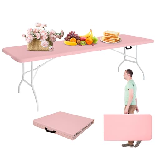 Portable 8Ft Folding Table, Heavy Duty Plastic Fold-in-Half Utility Foldable Dining Table, Multi-Purpose Plastic Folding Table with Carrying Handle for Camping and Party Indoor/Outdoor (Pink) - color: Pink, size: 8Ft