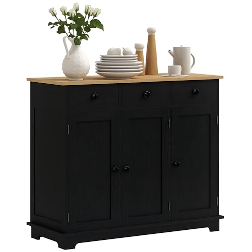 HOMCOM Sideboard Buffet Cabinet with Solid Wood Countertop, Modern Kitchen Storage Cabinet, Coffee Bar Cabinet with 3 Drawers, Doors and Adjustable Shelf, Distressed Black - color: Distressed Black, size: 39.75" x 15.75" x 33.5"