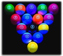 BuyBocceBalls Listing - Premium Quality, EPCO Glo Regulation Billiard or Pool Set, with 5.75oz, 2.25" diam Balls (Balls Require Black Light to Glow). Made in USA.