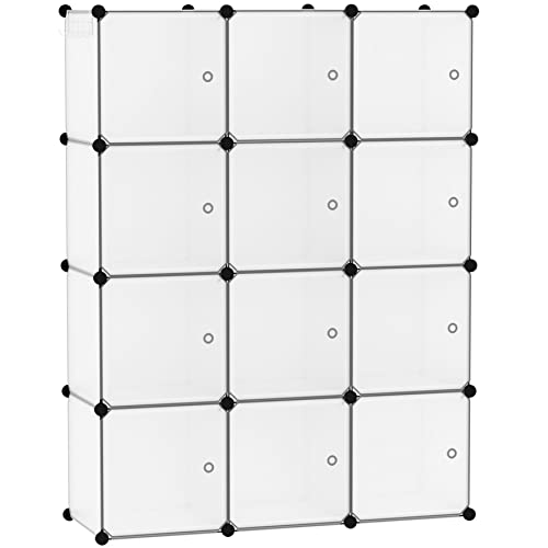 C&AHOME Cube Storage Organizer with Doors, 12-Cube Shelves, Closet Cabinet, DIY Plastic Modular Bookshelf Ideal for Home, Living Room, 36.6”L x 12.4”W x 48.4”H Transparent White USHS3012W-DOOR - color: Transparent White