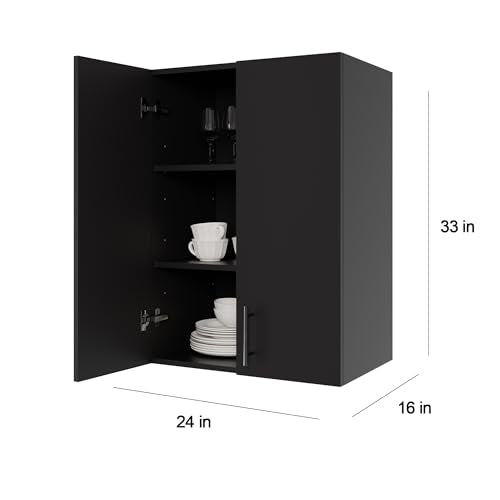 24 x 33 Inch Wall Cabinet set of 1, Kitchen Wall Mounted Wooden Storage Cabinet, Double Door Cabinet with Soft Close, Metal Handle, Adjustable Shelf, for Kitchen, Garage, Laundry, Bathroom, Black - color: Black