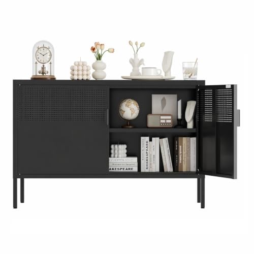 Metal Storage Cabinet,2 Door TV Stand, Metal Mesh Accent Cabinet,Magnetic Door Closure,Low Storage Cabinets with Doors and Shelf for Home,Office,Living Room - color: Black, size: 25"H