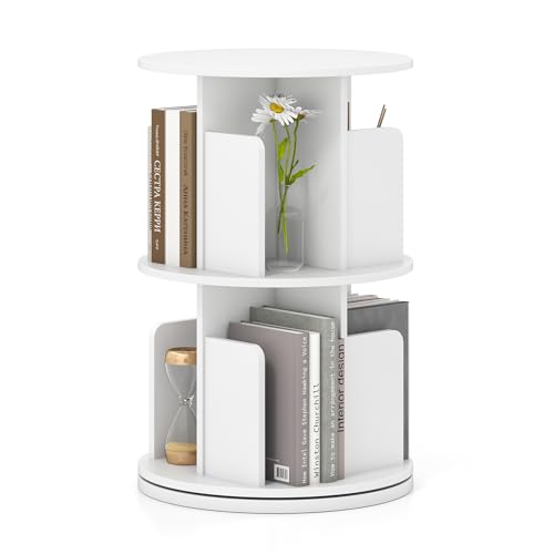 Giantex 2-Tier Rotating Bookshelf, 360° Display Rack w/Dividers & Anti-Falling Baffles, Multifunctional Narrow Floor Standing Bookcase, Book Storage Organizer for Living Room Bedroom, White - color: White, size: 2-Tier