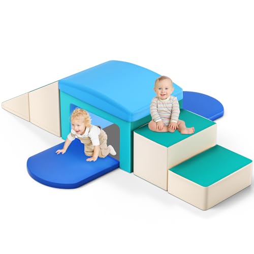 Indoor Soft Foam Climber Play Sets, 6 Pcs Crawl and Climb Foam Play Set for Toddlers 1-3, Toddler Climbing Toys Indoor with Slide Stairs and Ramp Indoor Climbing Toys (White Blue) - color: White Blue