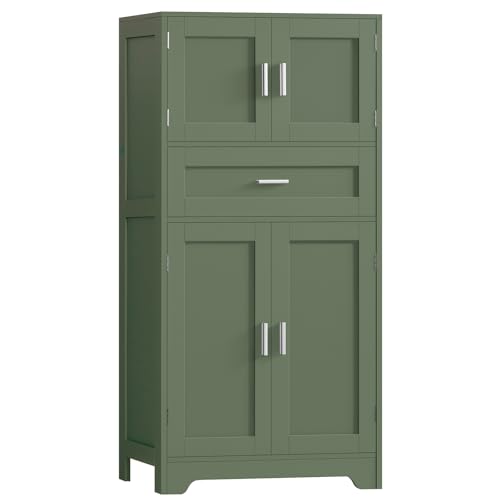 TEENFON Bathroom Floor Storage Cabinet with Adjustable Shelf, Freestanding Storage Cabinet with 4 Doors, Cupboard for Living Room, Home Office, Entryway, Forest Green - color: Green, 4 Doors